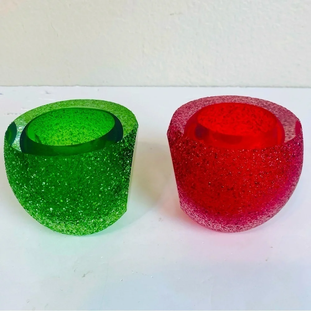 Set Of 2 Green And Red Sugar Iced Sommerso Crystal Votive Candle Holders